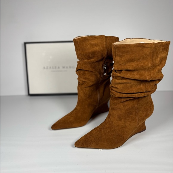 Azalea Wang Shoes - Azalea Wang Asaf Tan Slouch Wedge BootsSuede Pointed Toe Ankle Boot multiple Sz